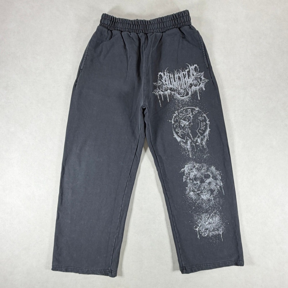 YoungLA Black Graphic Sweatpants Mens Medium Skull Rose Y2K Skater Joggers
